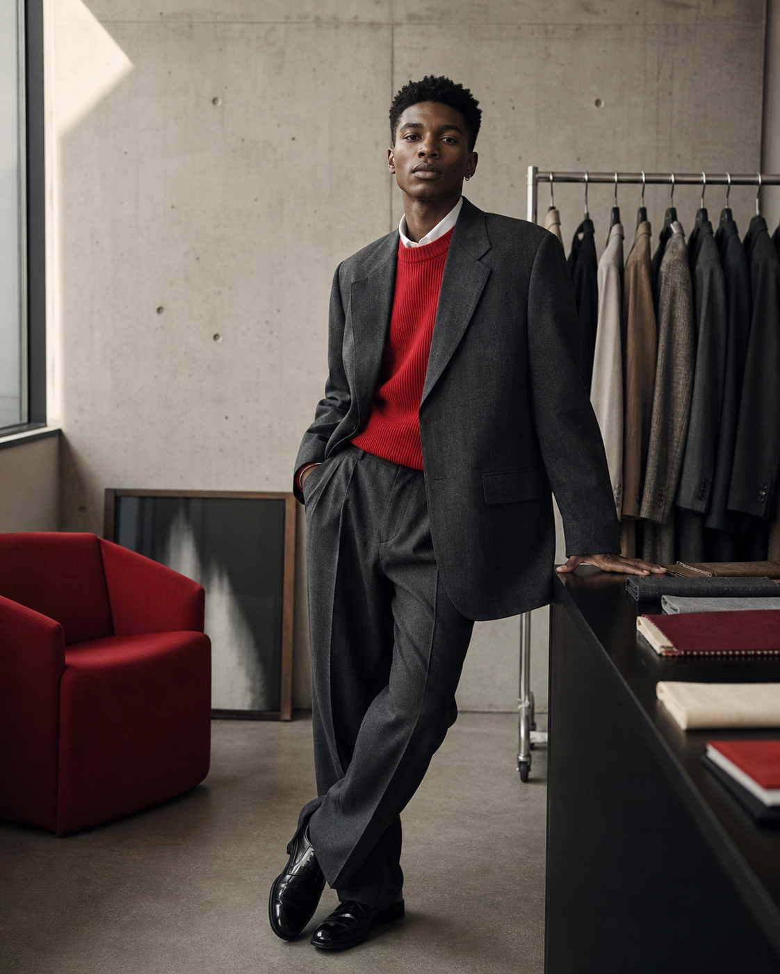 Conceptual editorial portrait of a young Black menswear creator in an oversized charcoal suit with a red knit layer