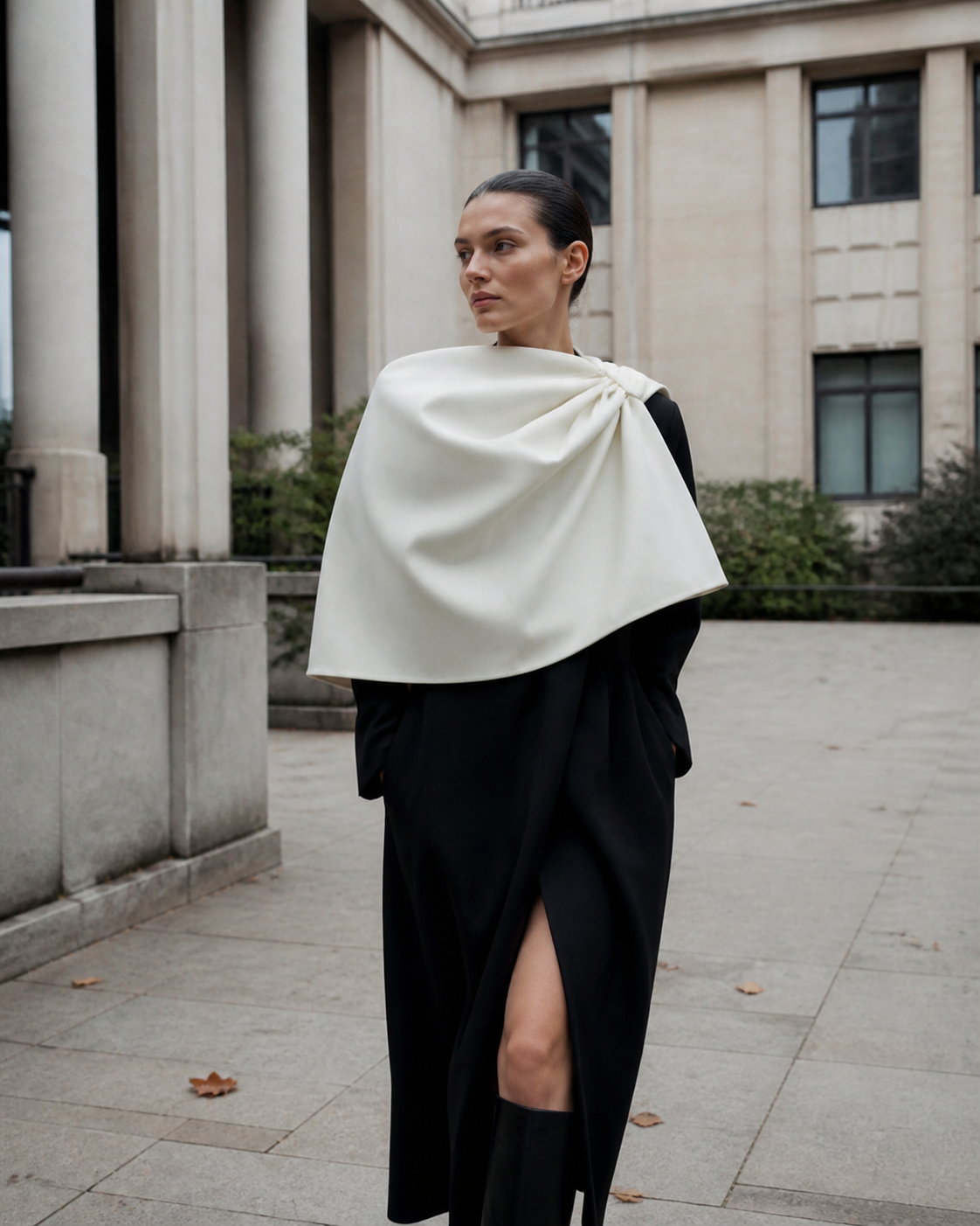 Model in a sculptural black and ivory look in a Parisian courtyard