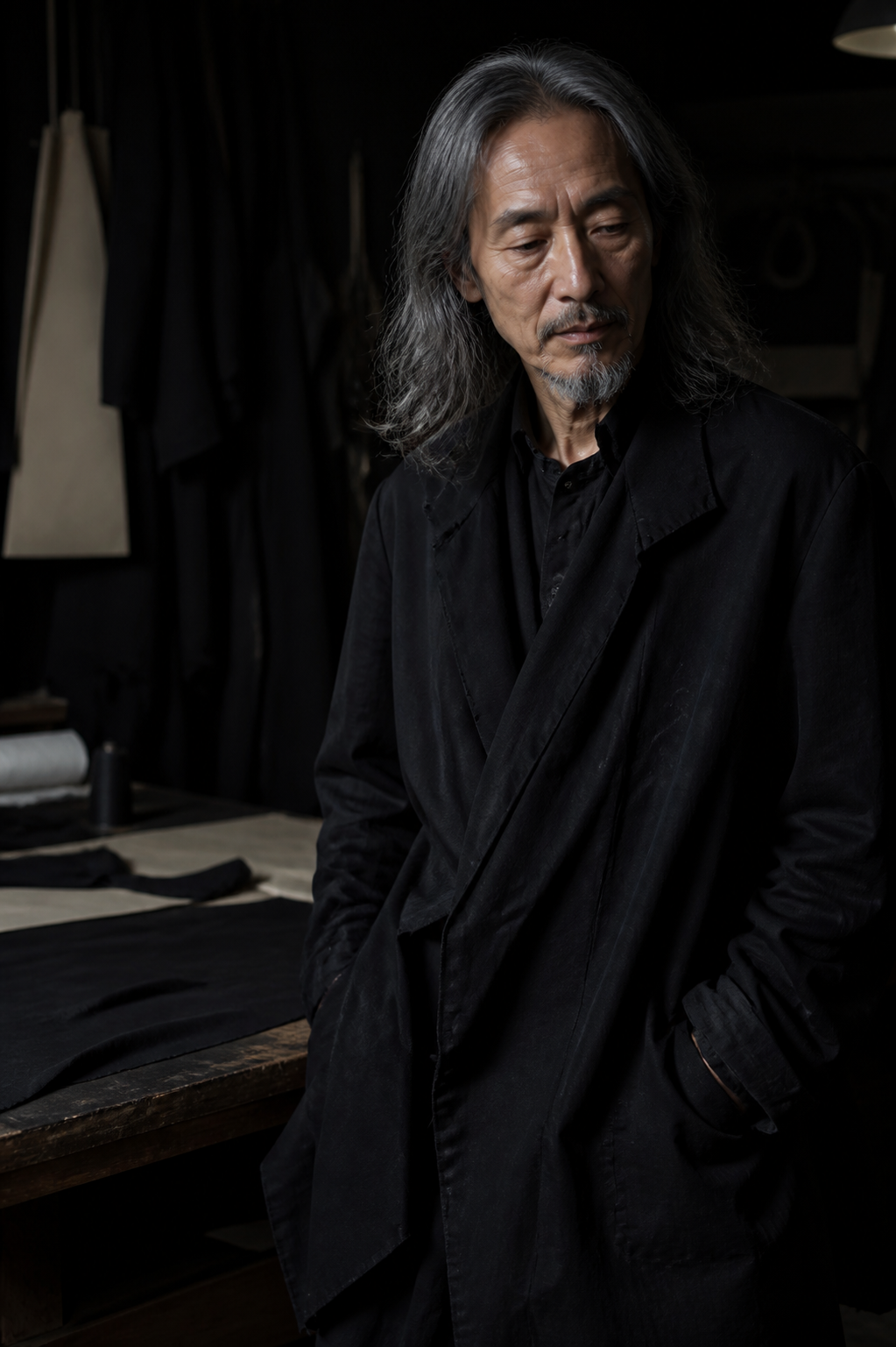 Yohji Yamamoto in a black and white editorial fashion portrait